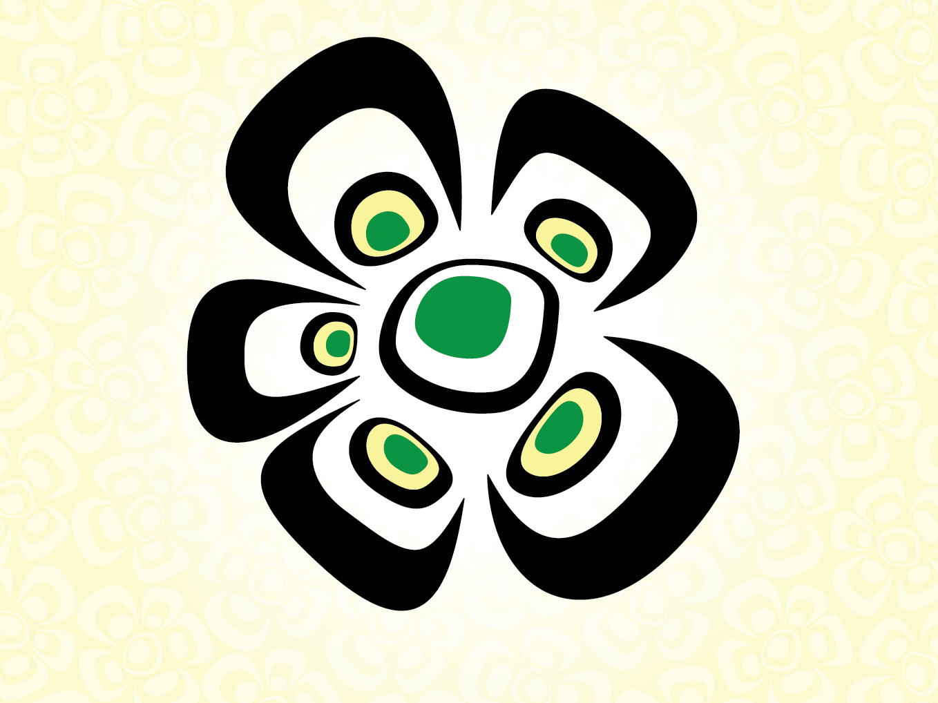 FNCARES logo, which is a flower in black, yellow and green illustrated in the style intended to be reminiscent of West Coast First Nations art