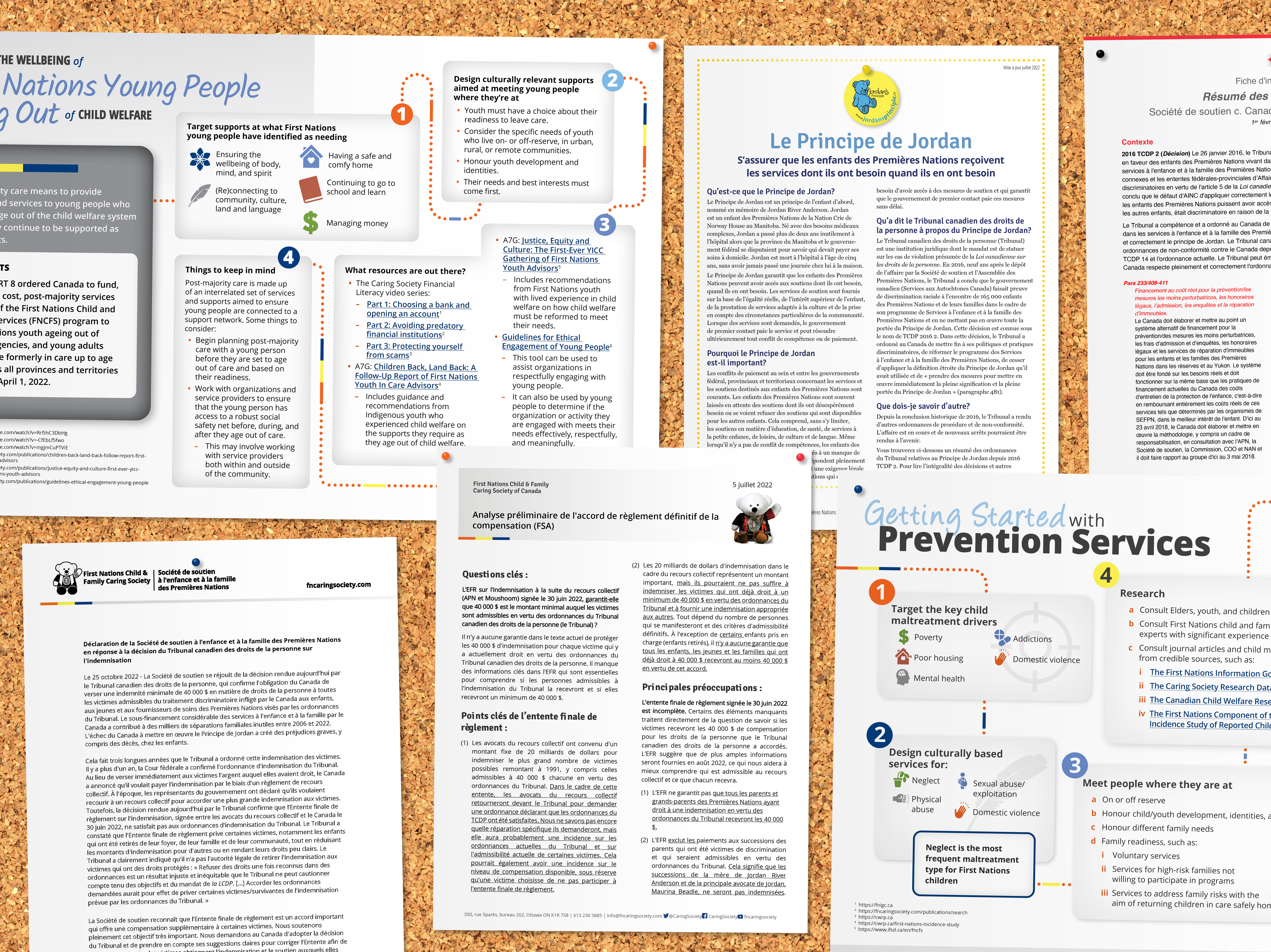 photo of various Caring Society info sheets and infographics posted neatly on a bulletin board