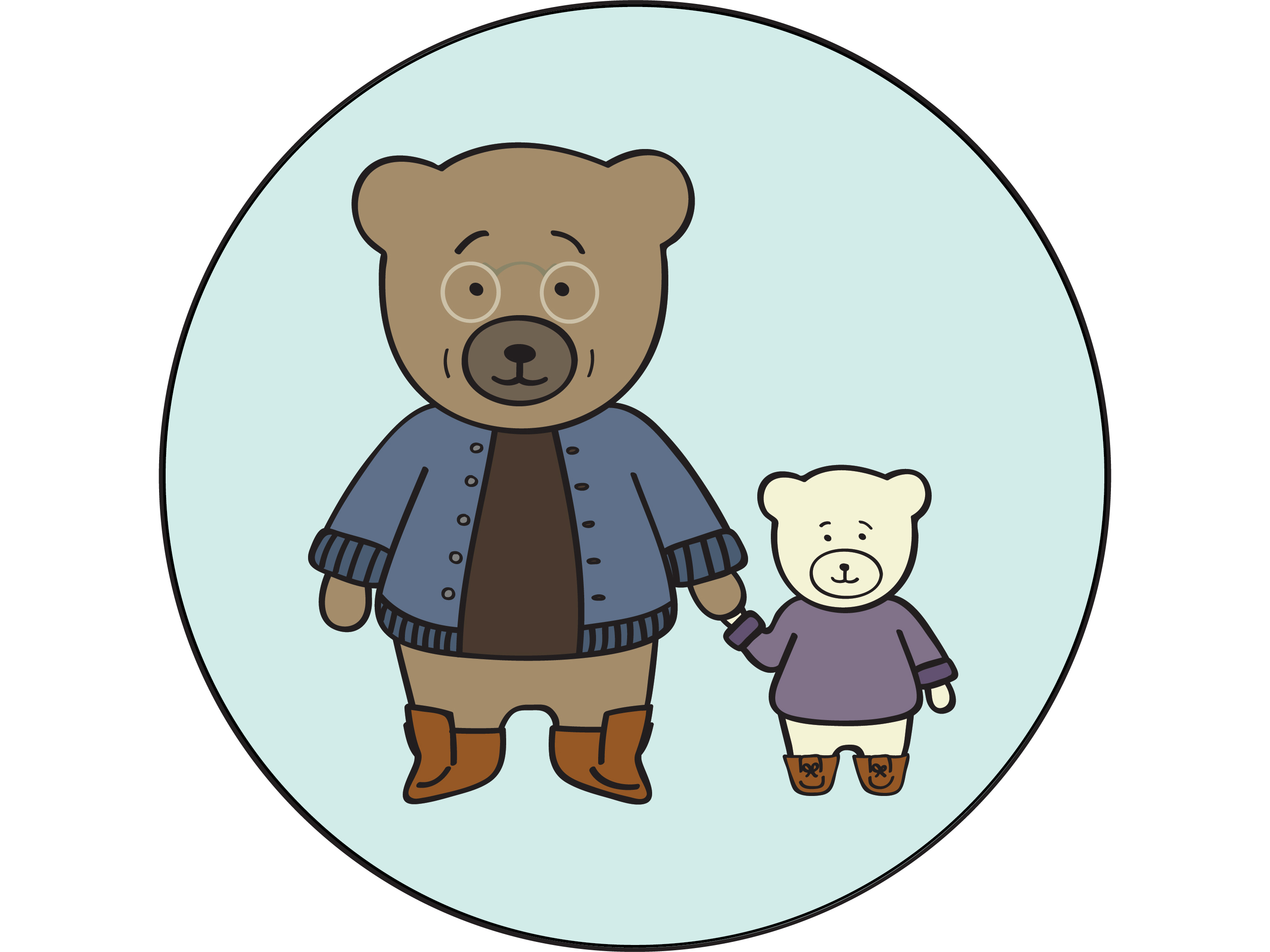 Illustration of an elder brown bear wearing glasses and a blue cardigan holding the hand of a younger white bear who is wearing a purple sweatshirt
