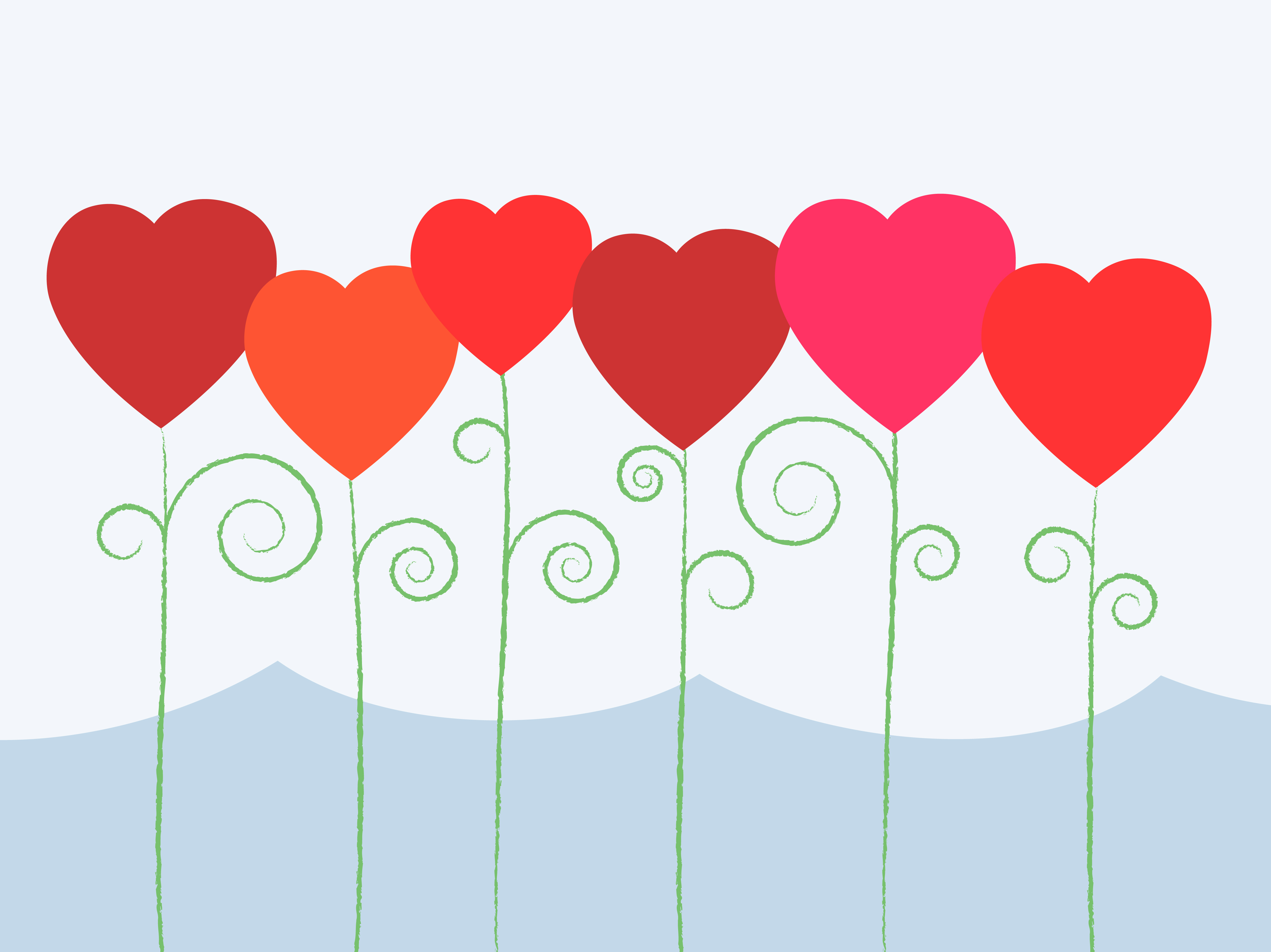 Illustration of hearts in various shades of red on long green stems against a simple background of a blue sky and white cloud