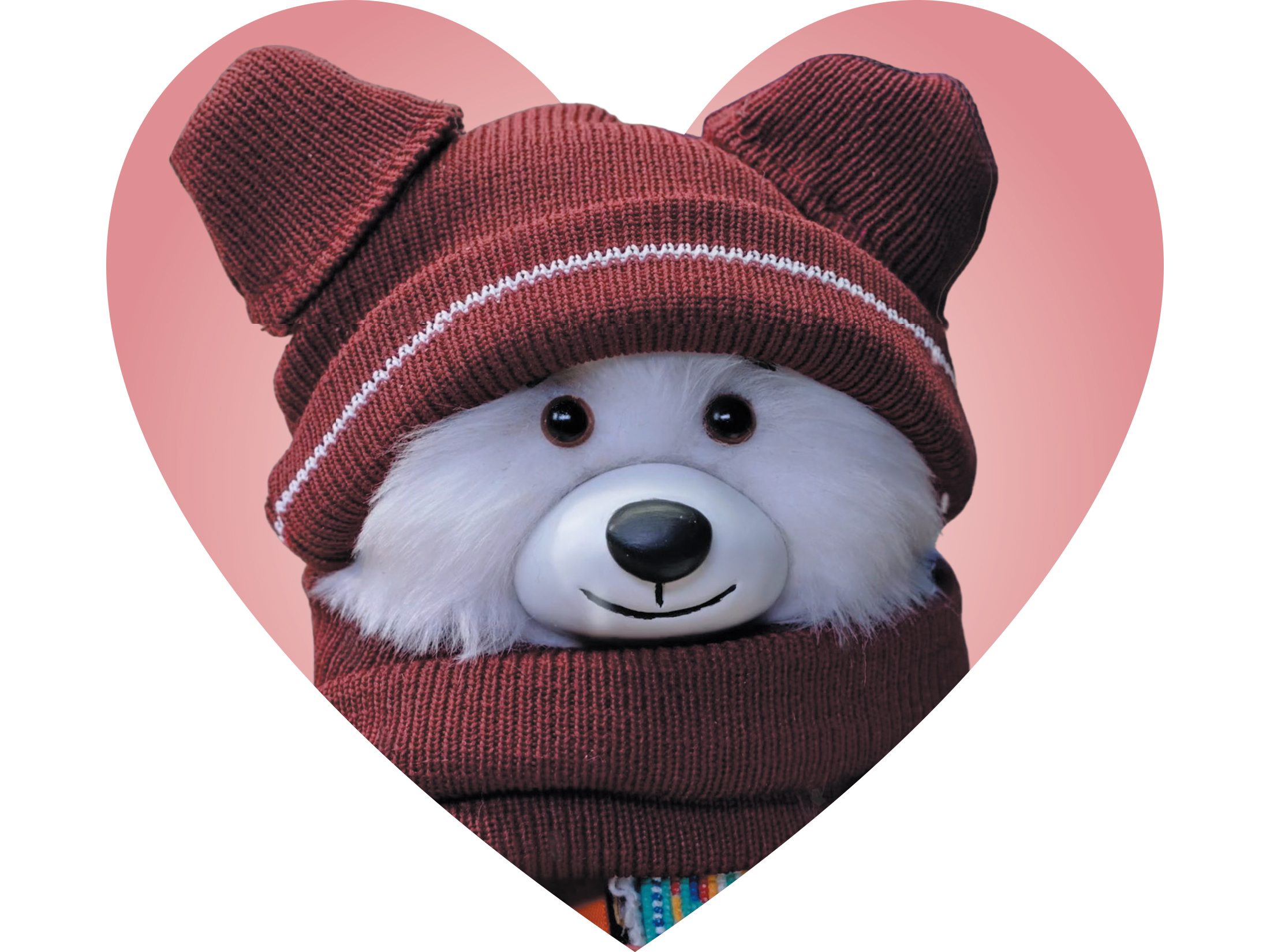 Photo of Spirit Bear wearing a maroon toque and matching scarf, framed within a pink heart