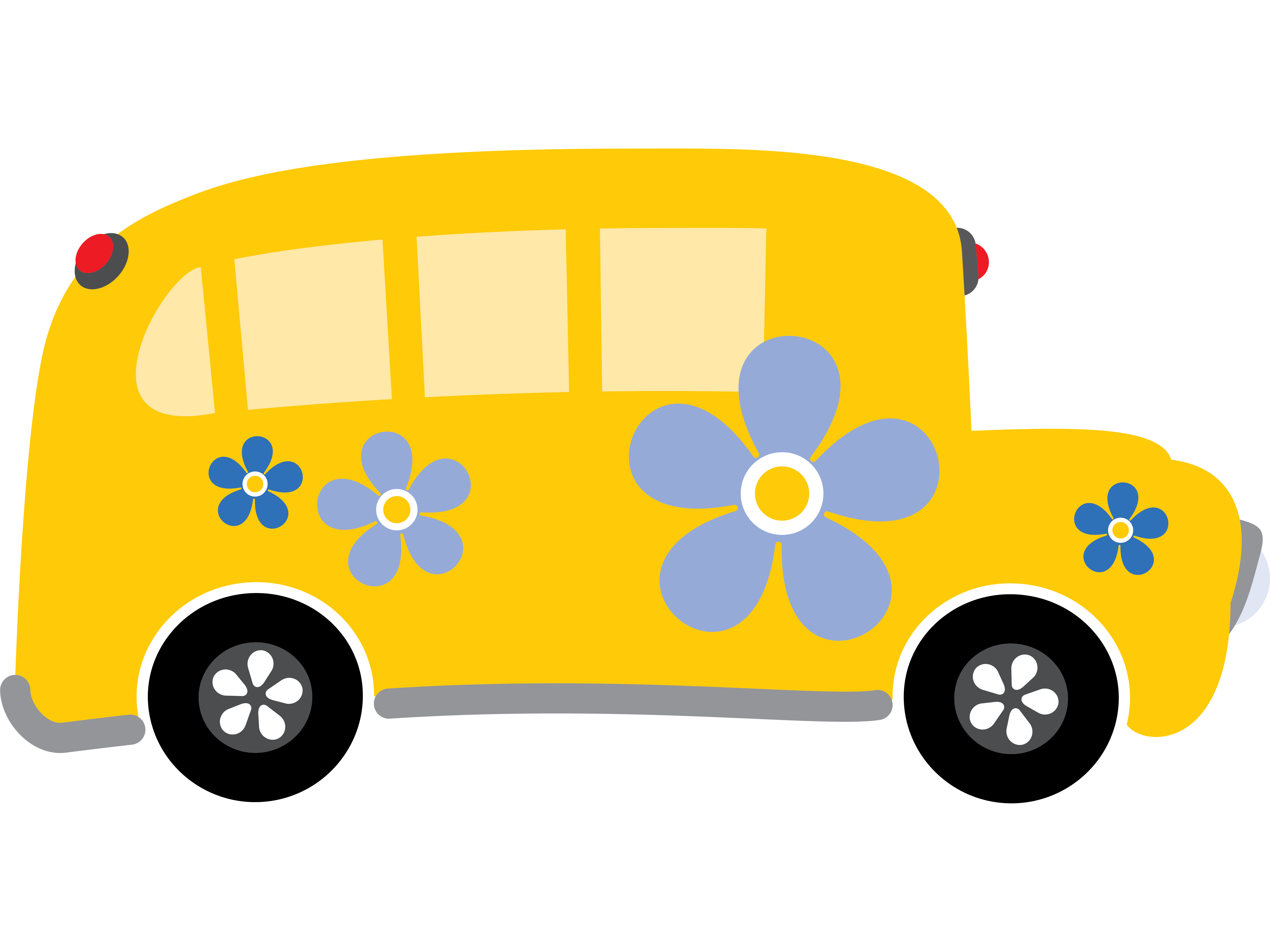 Illustration of a yellow school bus with blue forget-me-nots painted on the side