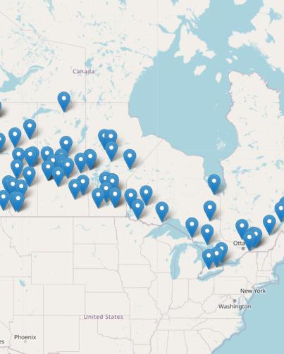 Google map with pins indicating location of all First Nations Child & Family Service Agencies across Canada