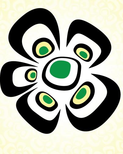 FNCARES logo, which is a flower in black, yellow and green illustrated in the style intended to be reminiscent of West Coast First Nations art
