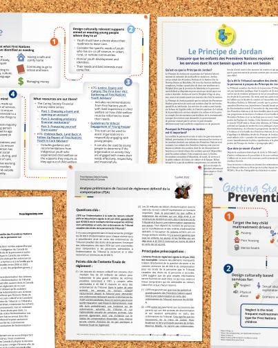 information sheets photo of various Caring Society info sheets and infographics posted neatly on a bulletin board