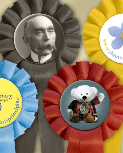 Awards and scholarships photo of a collection of colourful prize ribbons. Each ribbon has a circular image in the middle of the ruffle that represents the paricular award – the Jordan’s Principle logo, a photo of Peter Henderson Bryce, a photo of Spirit Bear, a photo of a forget-me-not (for Shannen’s Dream).