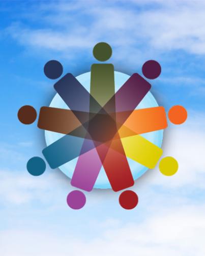 membership graphic of 9 stylized bodies arranged in a radial pattern over a sky-blue circle. The graphic is over a blue sky. Each stylized body is a different colour, representing people's diversity and the sky represents the world.