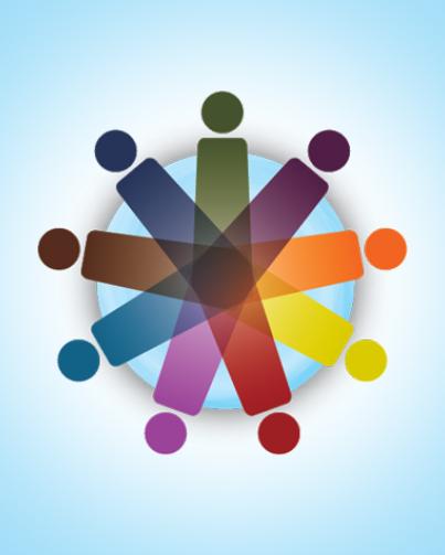 membership geometric illustration of stylized people, each a different colour, arranged radially around a circle intended to represent the world
