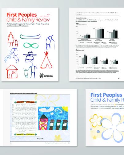 array of covers and spreads of several issues of First Peoples Child & Family Review